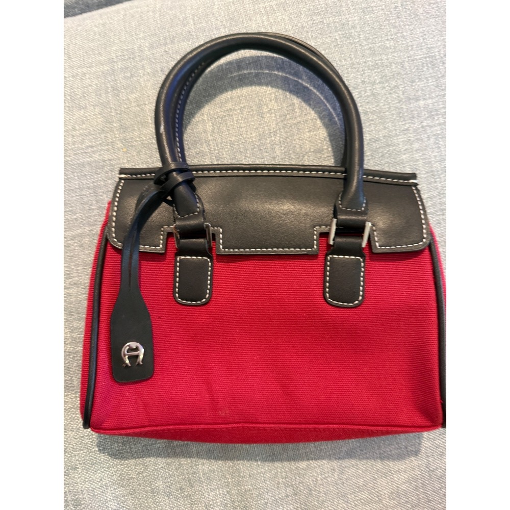 Etienne Aigner Red Canvas Black Leather Trim Satchel Top Handle Bag Handbag